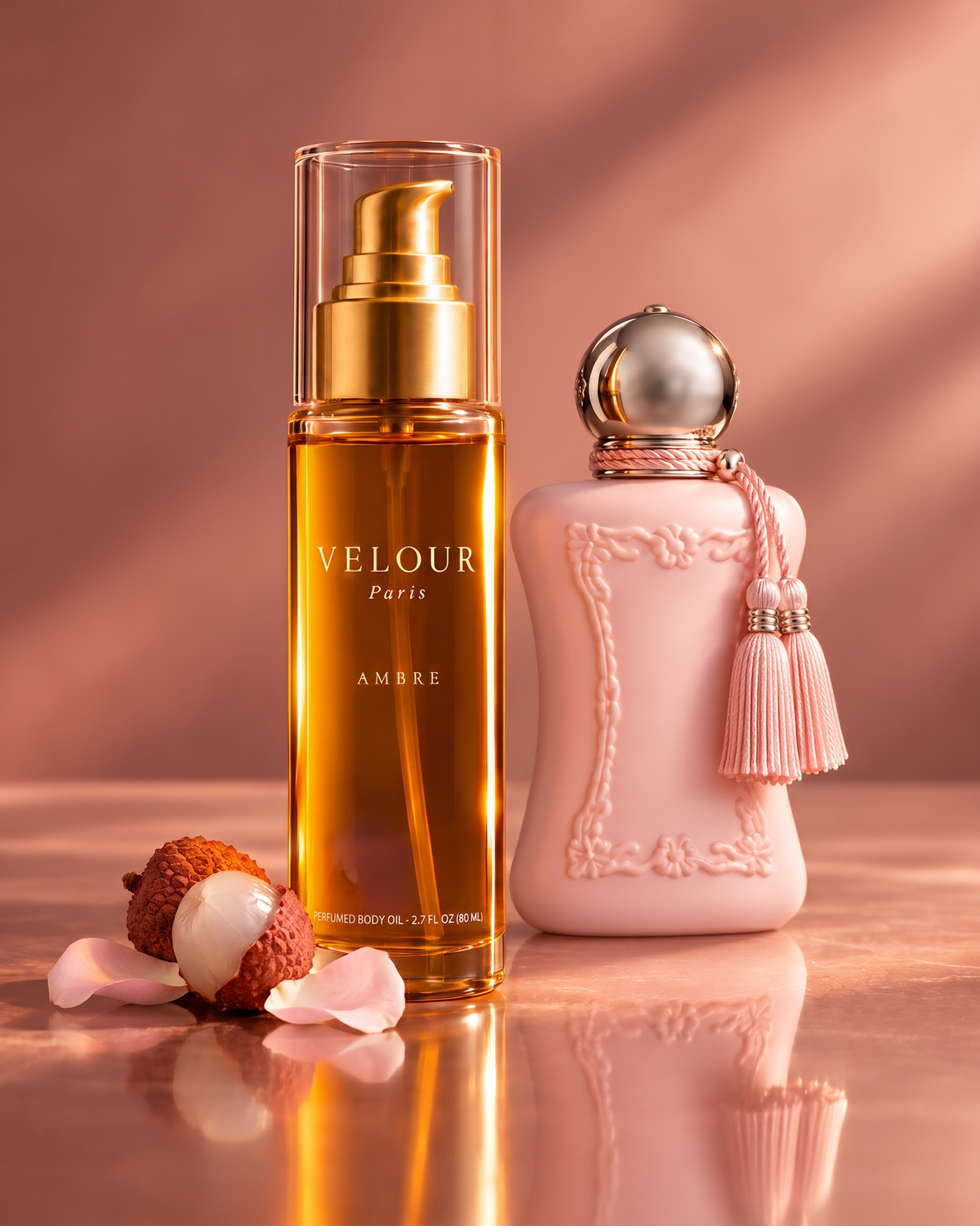 VELOUR Paris Ambre : flacon d'huile ambrée et pompe dorée, posé près d'un flacon de parfum rose orné de pompons.