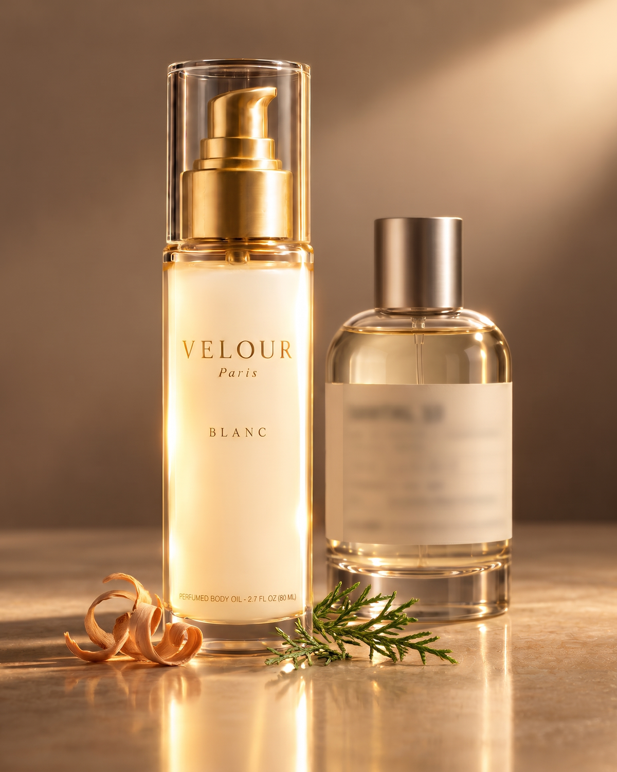 VELOUR Paris Blanc : flacon d'huile laiteuse et pompe dorée, posé près d'un flacon de parfum à capuchon argenté.