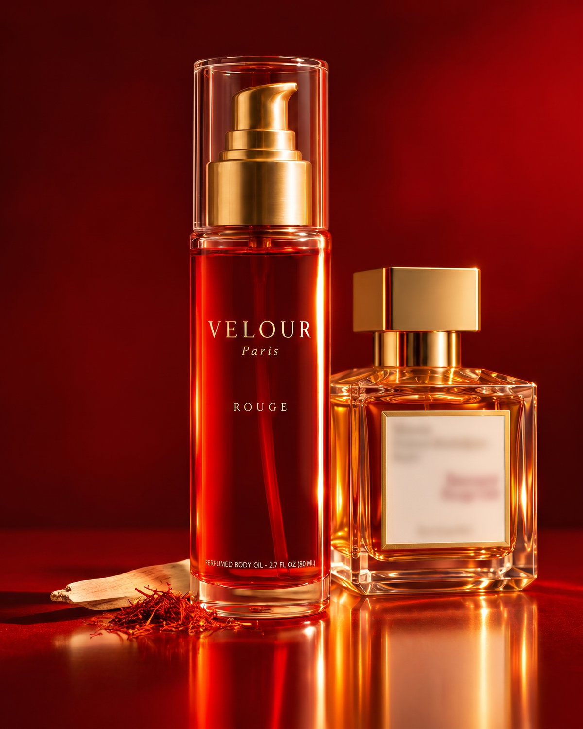VELOUR Paris Rouge : flacon d'huile au liquide rouge et pompe dorée, posé près d'un flacon de parfum carré en verre.
