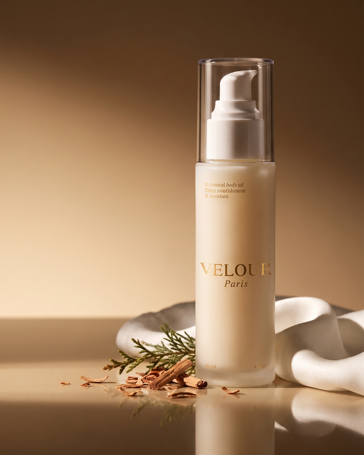 VELOUR Paris Blanc : flacon d'huile laiteuse et pompe dorée, posé près d'un flacon de parfum à capuchon argenté.