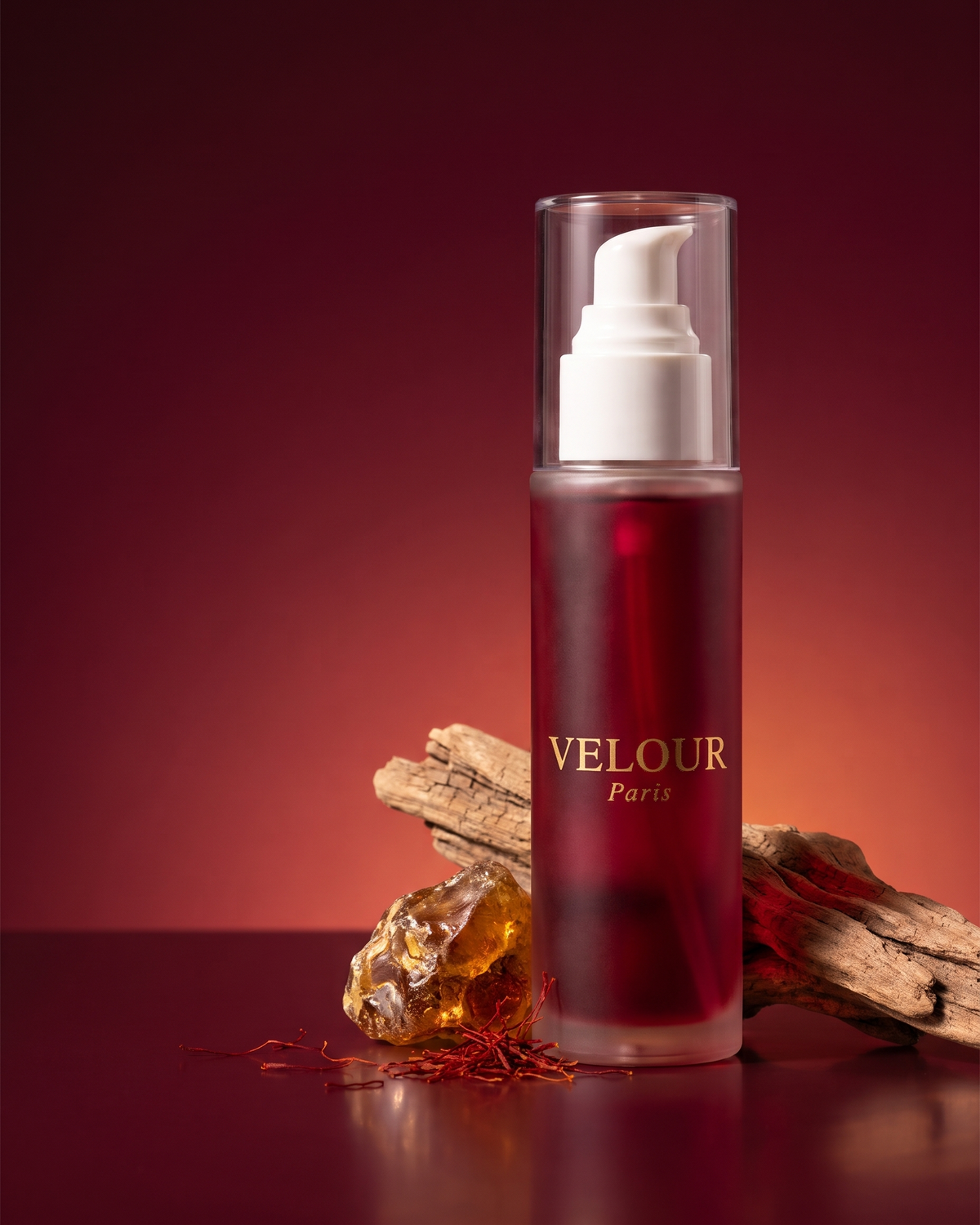 VELOUR Paris Rouge : flacon d'huile au liquide rouge et pompe dorée, posé près d'un flacon de parfum carré en verre.